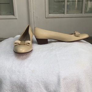 Salvatore Ferragamo cream and brown block heel